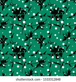 Hand Drawn Abstract Flowers and Polka Dots Seamless Vector Pattern Isolated Background