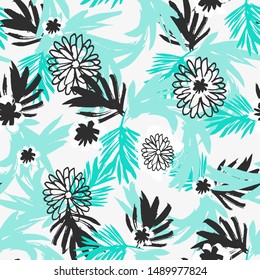 Hand Drawn Abstract Flowers Seamless Pattern Print with White Background .