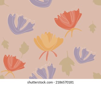 Hand drawn abstract flowers seamless pattern, Repeating floral vector pattern.