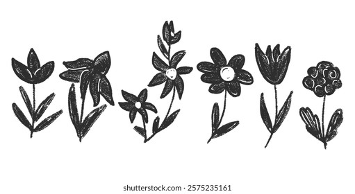 Hand drawn abstract flowers set. Charcoal tulip, daisy doodle monochrome. Floral chamomile and marguerite kids chalk style shape. Vector black pencil illustration on white background.