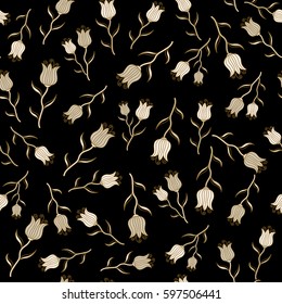 Hand drawn abstract flowers. Vector cute floral pattern in the small flower on a black background. Seamless pattern in beige and brown colors.
