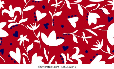 Hand Drawn Abstract Folk Mexican Flowers Leaves Hearts and Dots Repeating Vector Pattern Isolated Background