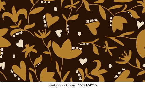 Hand Drawn Abstract Folk Mexican Flowers Leaves Hearts and Dots Repeating Vector Pattern Isolated Background