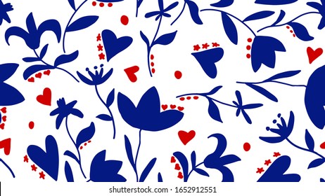Hand Drawn Abstract Folk Mexican Flowers Leaves Hearts and Dots Repeating Vector Pattern Isolated Background