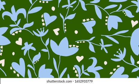 Hand Drawn Abstract Folk Mexican Flowers Leaves Hearts and Dots Repeating Vector Pattern Isolated Background