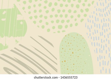 Hand drawn abstract form background with colorful objects textured green beige