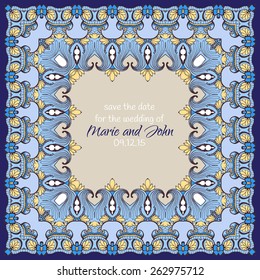 Hand drawn abstract frame or border. Invitation, card with mehndi elements. Floral ornament. 