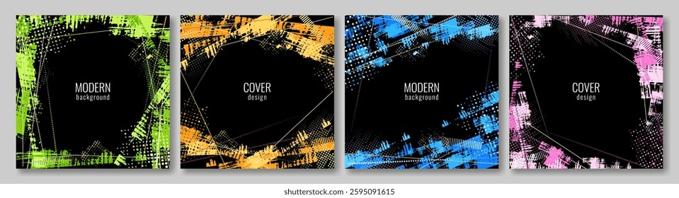 Hand drawn abstract frame set. Decorative strokes, halftone elements. Vector grunge overlay. Vector illustration.