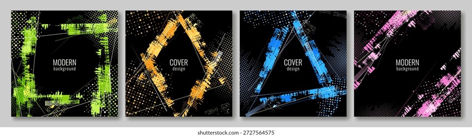 Conjunto de marco abstracto dibujado a mano. Vector grunge superpuesto. Fronteras coloridas y puntos semitonos. Diseño para postal, invitación, Cupón, marco de la foto.