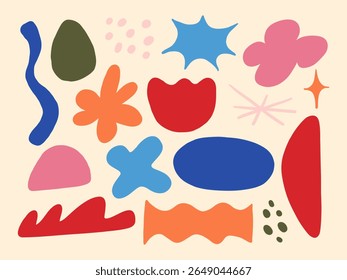 Hand Drawn Abstract Freeform Collection. A collection of 16 hand drawn abstract elements including blobs bursts waves dots and floral forms in playful colorful shapes. Perfect for decorative designs
