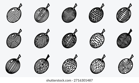 Dibujado a mano ilustración Abstractas de frutas con patrones geométricos en negro