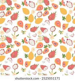Hand drawn abstract fruit pattern with plant parts and sliced food. Seamless pattern for textile, wrapping paper, posters. Fashion textures.