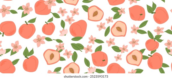 Hand drawn abstract fruit peach pattern with plant parts and sliced food. Seamless pattern for textile, wrapping paper, posters. Fashion textures.