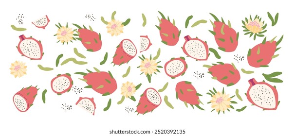 Conjunto de fruteiras abstrato desenhado à mão. Frutos inteiros, fatias, pedaços e folhas, flores. Pode ser usado para cartazes, etiquetas, padrões.