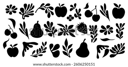 Hand drawn abstract fruit silhouettes set. Collection of apple, pear strawberry, cherry with flowers and leaves vector black outline illustrations isolated on white background.