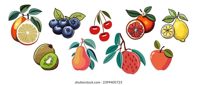 Hand drawn abstract fruits and berries vector set.