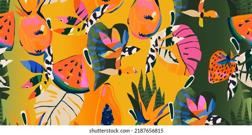 Hand drawn abstract fruits and flowers collage pattern. Festival playful contemporary print. Fashionable template for design.