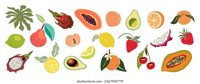 Handgezeichnete abstrakte Früchte Set. Sammlung von Zitronen, Orange, Papaya, Erdbeeren, Pfirsich, Kirschen, Avocado, Zitronensaft, Zitronensaft. Vektorgrafiken einzeln auf weißem Hintergrund.