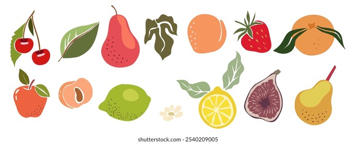 Conjunto de frutos abstratos desenhados à mão. Coleção de maçã, limão, pera, figo, limão, laranja, damasco, morango, cereja, pêssego ilustrações vetoriais isoladas no fundo branco. Frutos suculentos frescos