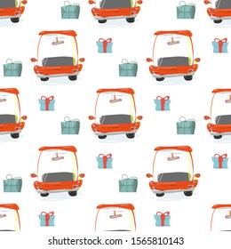 Hand Drawn Abstract Fun Merry Christmas Time Seamless Pattern with Gift Boxes and Red Car on White Background. Festive Ornament for Wallpaper, Fabric, Wrapping Paper Cartoon Flat Vector Illustration