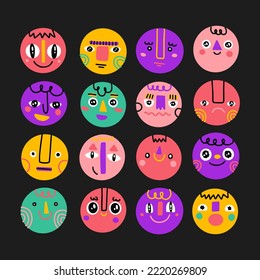 Dibujo mano Abstract graciosos personajes. Gran conjunto de ilustraciones de vectores de diferentes colores. Estilo de caricatura. Diseño plano. Todos los elementos están aislados. Afiche, plantillas de logotipo.Cada cara está aislada