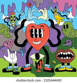 Hand drawn Abstract funny cute Comic characters.illustration for poster, cover, and advertisement. Retro and vintage design illustration.