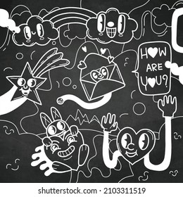 Hand drawn Abstract funny cute Comic characters.illustration for poster, cover, and advertisement. Retro and vintage design illustration.