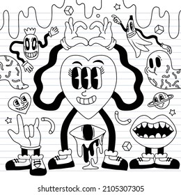 Hand drawn Abstract funny cute Comic characters.illustration for poster, cover, and advertisement. Retro and vintage design illustration.
