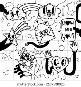 Hand drawn Abstract funny cute Comic characters.illustration for poster, cover, and advertisement. Retro and vintage design illustration.