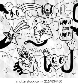 Hand drawn Abstract funny cute Comic characters.illustration for poster, cover, and advertisement. Retro and vintage design illustration.