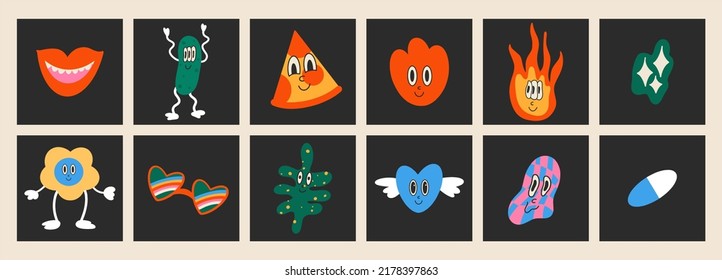 Hand drawn Abstract funny cute comic characters. Big set of colorful vector illustrations, cartoon style, flat design. All elements are isolated. Poster, logo templates.