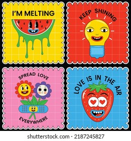 Paquete de stickers de personajes cómicos graciosos y graciosos dibujados por mano. Etiquetas e insignias de dibujos animados de moda. Caracteres emojis divertidos. Formas creativas y modernas. Doodle cómico, sticker psicodélico, elementos retro de moda