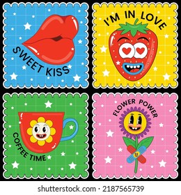 Hand drawn abstract funny cute comic characters sticker pack. Trendy cartoon badges and labels. Funny emoji characters. Creative modern shapes. Comic doodle, psychedelic sticker, trendy retro elements