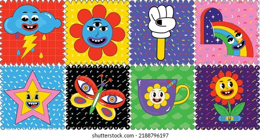 Hand drawn abstract funny cute comic characters sticker pack. Trendy cartoon badges and labels. Creative modern shapes. Comic doodle, psychedelic sticker, trendy retro elements. Butterfly, flower,