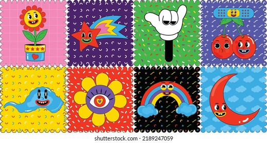 Hand drawn abstract funny cute trendy retro style comic characters sticker pack and badges and labels. Comic doodle stickers, psychedelic sticker, Acidic stickers. Stamp, postage, flower,cloud,rainbow