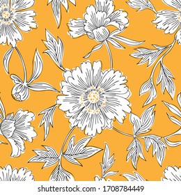 Hand drawn abstract garden flowers. Contour drawing. Large daisy heads in bloom. Summer floral seamless pattern. Line art flowers. Detailed outline sketch drawing. Good for dress, fabric and textile.