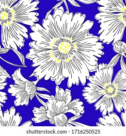 Hand Drawn Abstract Garden Flowers. Contour Drawing. Large Daisy Heads In Bloom. Summer Floral Seamless Pattern. Line Art Flowers. Detailed Outline Sketch Drawing. Good For Dress, Fabric And Textile.