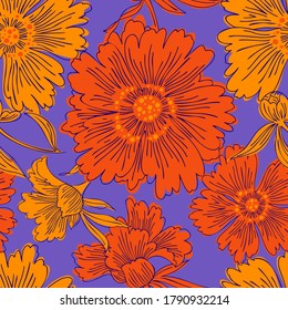 Hand drawn abstract garden flowers. Contour drawing. Large daisy heads in bloom. Summer floral seamless pattern. Line art flowers. Detailed outline sketch drawing. Good for dress, fabric and textile.