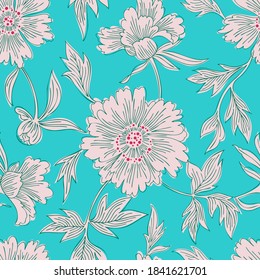 Hand drawn abstract garden flowers. Contour drawing. Large daisy heads in bloom. Summer floral seamless pattern. Line art flowers. Detailed outline sketch drawing. Good for dress, fabric and textile.