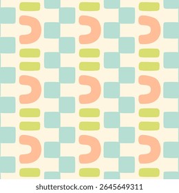 Hand drawn abstract geometric check decorative seamless pattern. Rows of curved and square organic shapes mosaic background. Vintage geo stripe print. Retro pastel green, blue, pink border design.