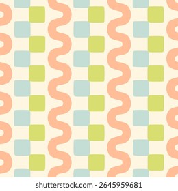 Hand drawn abstract geometric colorblock seamless pattern. Retro nostalgic mosaic check squares and wavy lines background. Vintage geo stripe print. Pastel green, blue, pink border print.