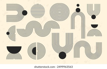 hand drawn abstract geometric line art design set,modern mid century minimal vintage design decorative