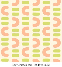 Hand drawn abstract geometric ornamental lines seamless pattern. Rows of curved organic shapes mosaic background. Vintage geo stripe print. Nostalgic retro pastel green and pink border textile print.