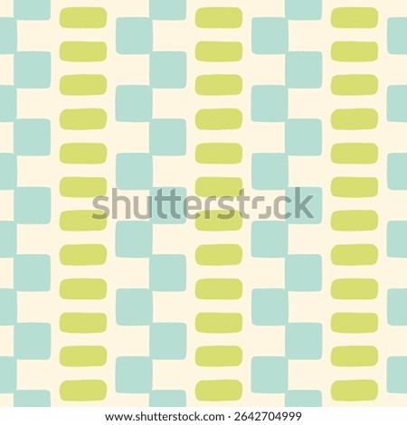 Hand drawn abstract geometric pastel seamless pattern. Retro nostalgic mosaic check background. Vintage geo stripe print. Pastel green, blue and cream border print.
