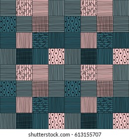 A hand drawn abstract geometric patchwork tiles seamless vector pattern
