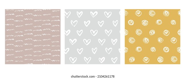 Hand drawn abstract geometric seamless modern colorful patterns doodle set. Cute vector collection beige, gray, yellow for paper, fabric, book, kitchen, children.