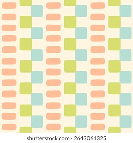Hand drawn abstract geometric shape lines pastel seamless pattern. Retro nostalgic mosaic colorblock check background. Vintage geo stripe print. Pastel green, blue and cream border print.