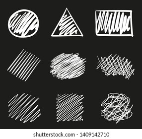 Hand drawn abstract geometric shapes on black. Grungy backgrounds with array of lines. Stroke chaotic patterns. Black and white illustration. Sketchy elements for design