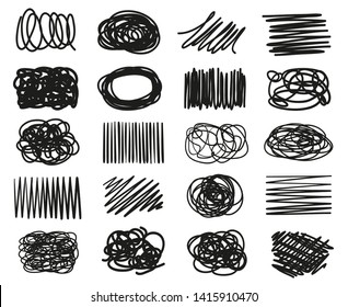 Hand drawn abstract geometric shapes on white. Hatching grungy backgrounds with array of lines. Stroke chaotic patterns. Black and white illustration