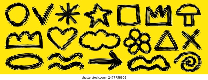 Formas geométricas abstractas dibujadas a mano y trazos de pincel de Elementos establecidos en Ilustración vectorial de fondo amarillo